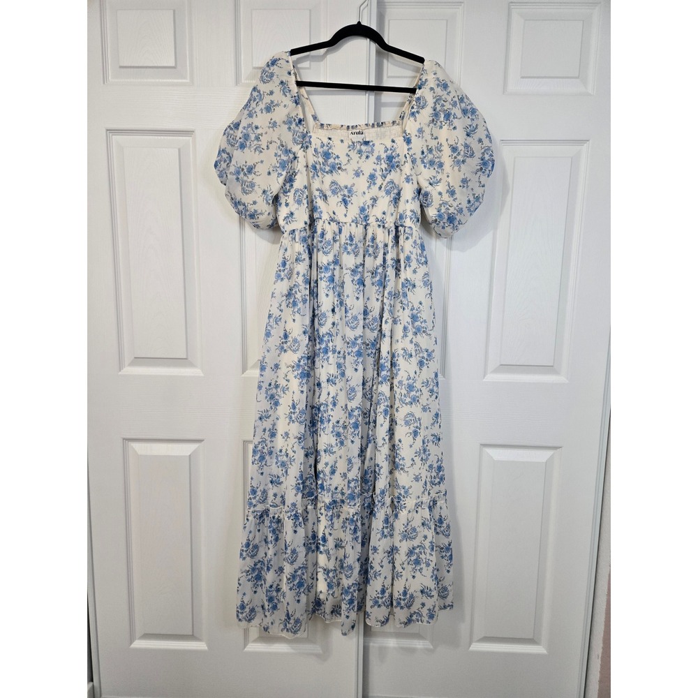 Arula Blue White Floral Puff Sleeve Maxi Dress Smocked Back Tiered Size A